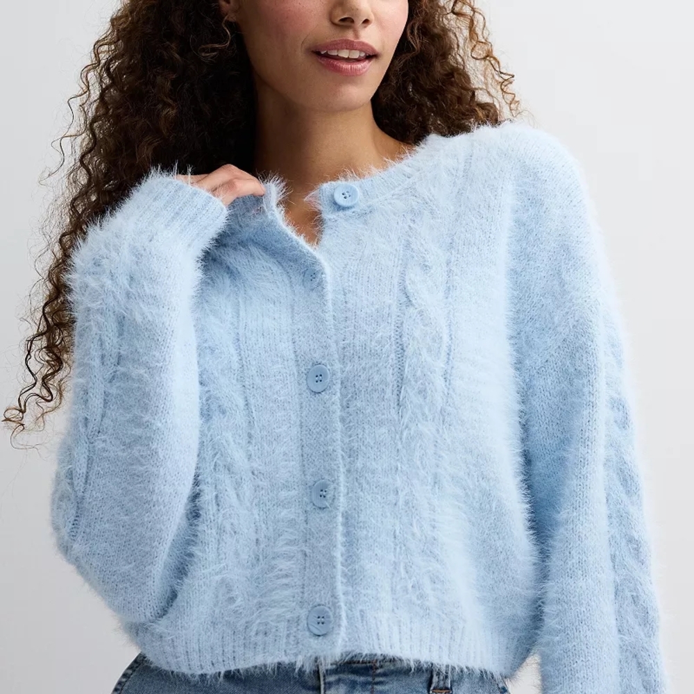 Sugar Moon Eyelash Cable Knit Button Cardigan Sweater Light Blue Juniors M